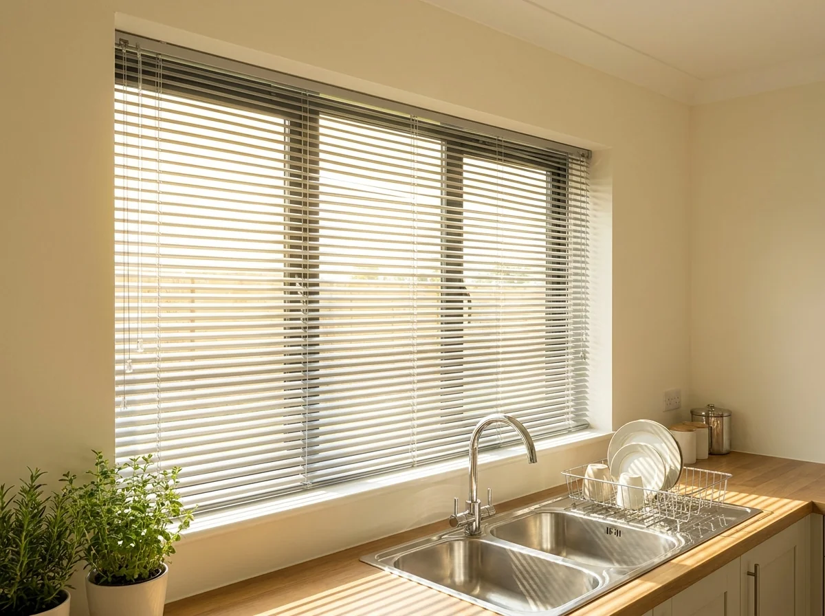 Aluminium venetian blind with narrow slats tilted open over a scullery window above a stainless steel sink