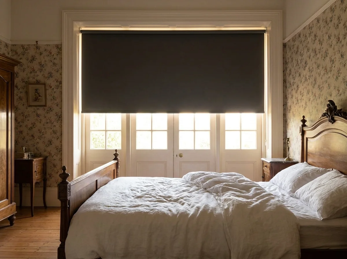 Charcoal blockout roller blind lowered over tall cottage-pane garden doors in a bright period Saxonwold bedroom