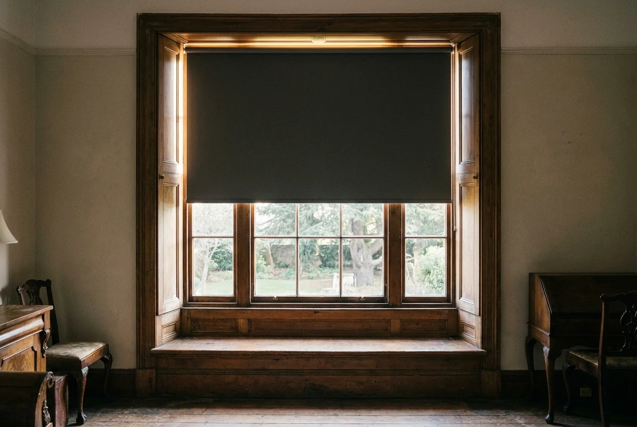 Charcoal grey blockout roller blind drawn halfway down a tall wooden sash window