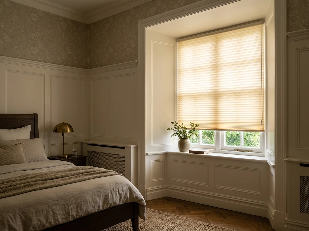 Cream cellular honeycomb blind fitted inside a deep window recess in a Houghton Estate bedroom