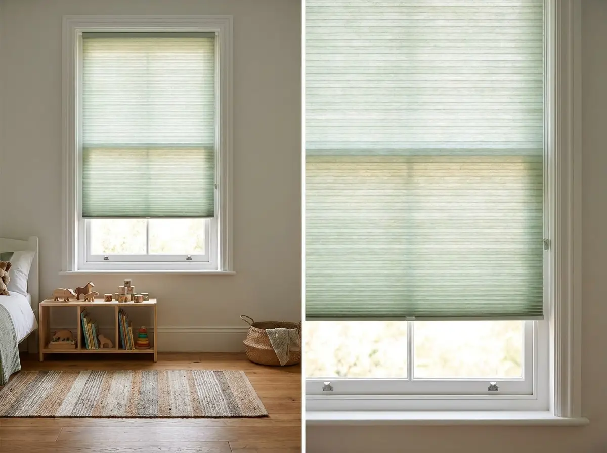 Sage-green cellular blind lowered over a sash window in a bright children's bedroom, toy shelf below