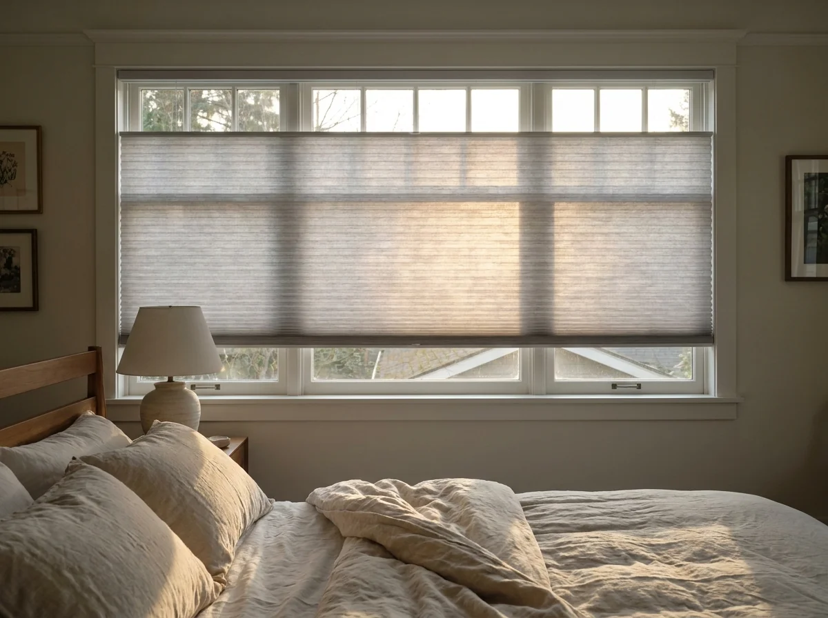 Soft grey cellular honeycomb blind lowered halfway over a bedroom window in a Parkview home