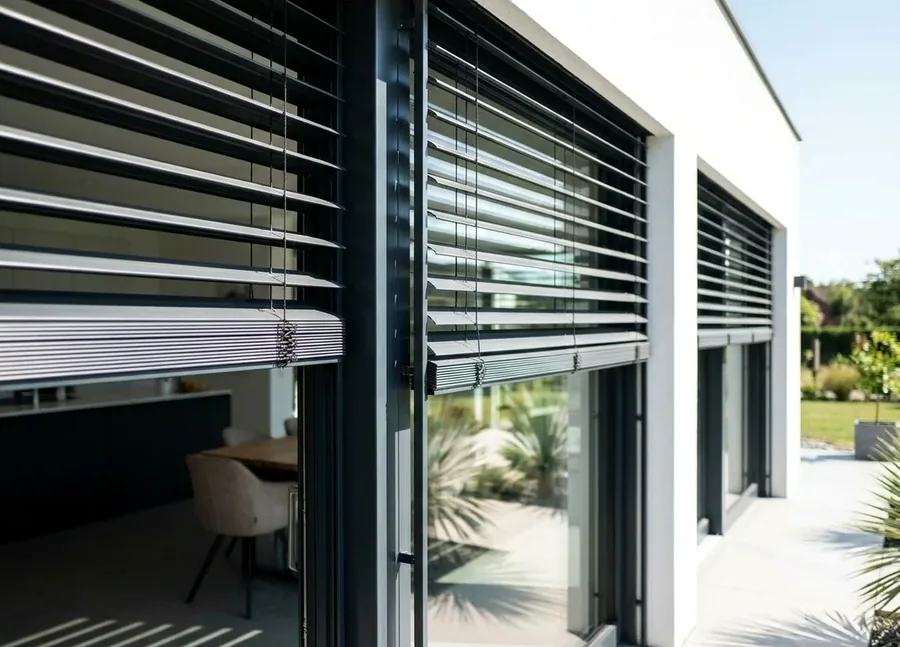 External aluminium venetian blinds mounted outside a brick facade against afternoon sun