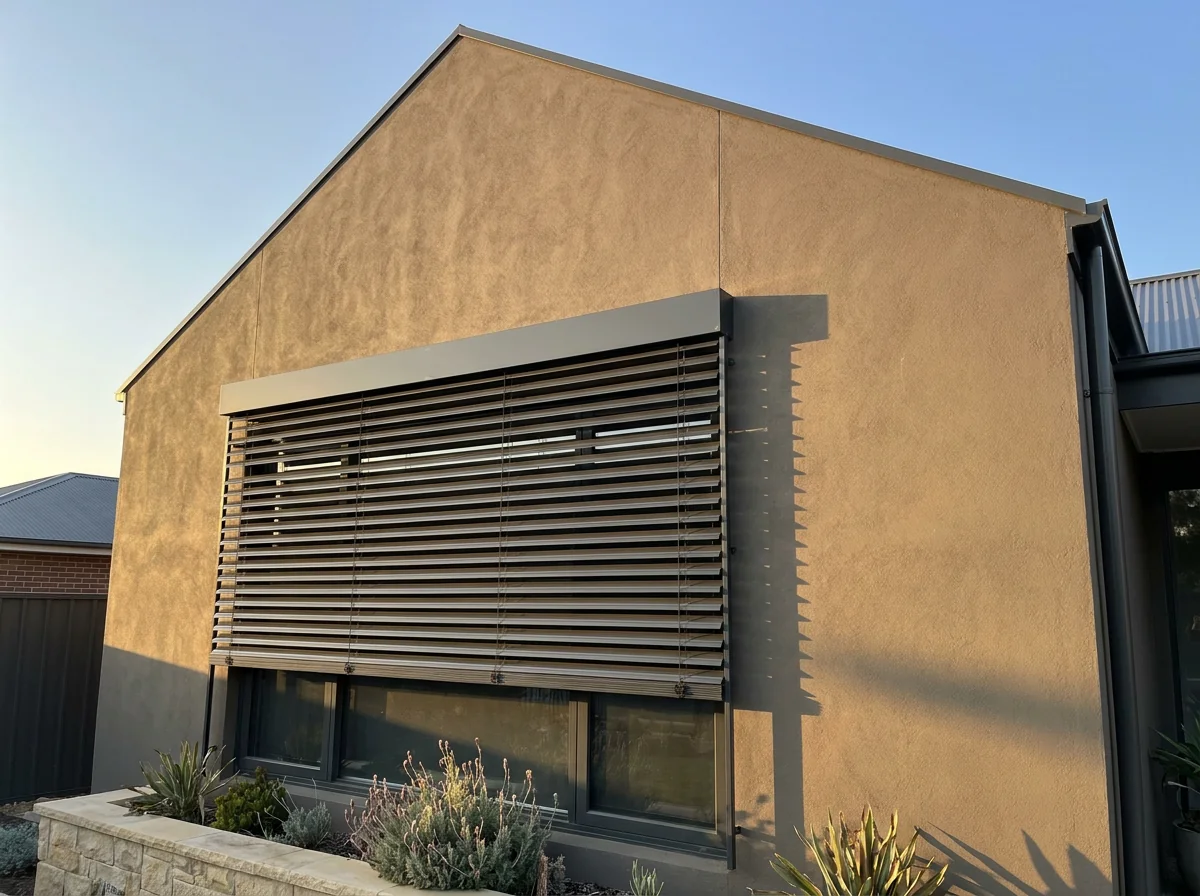 Aluminium external venetian blinds mounted on a west-facing gable wall blocking low afternoon sun
