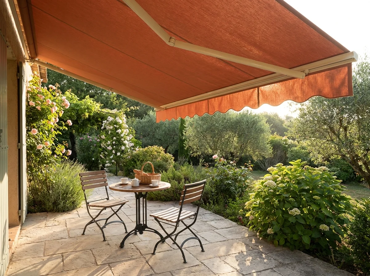Terracotta folding-arm awning fully extended over a breakfast terrace with a small bistro table