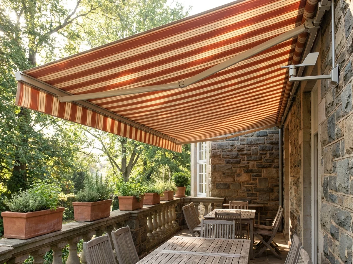 Striped terracotta and cream folding-arm awning extended over a Parktown North breakfast terrace