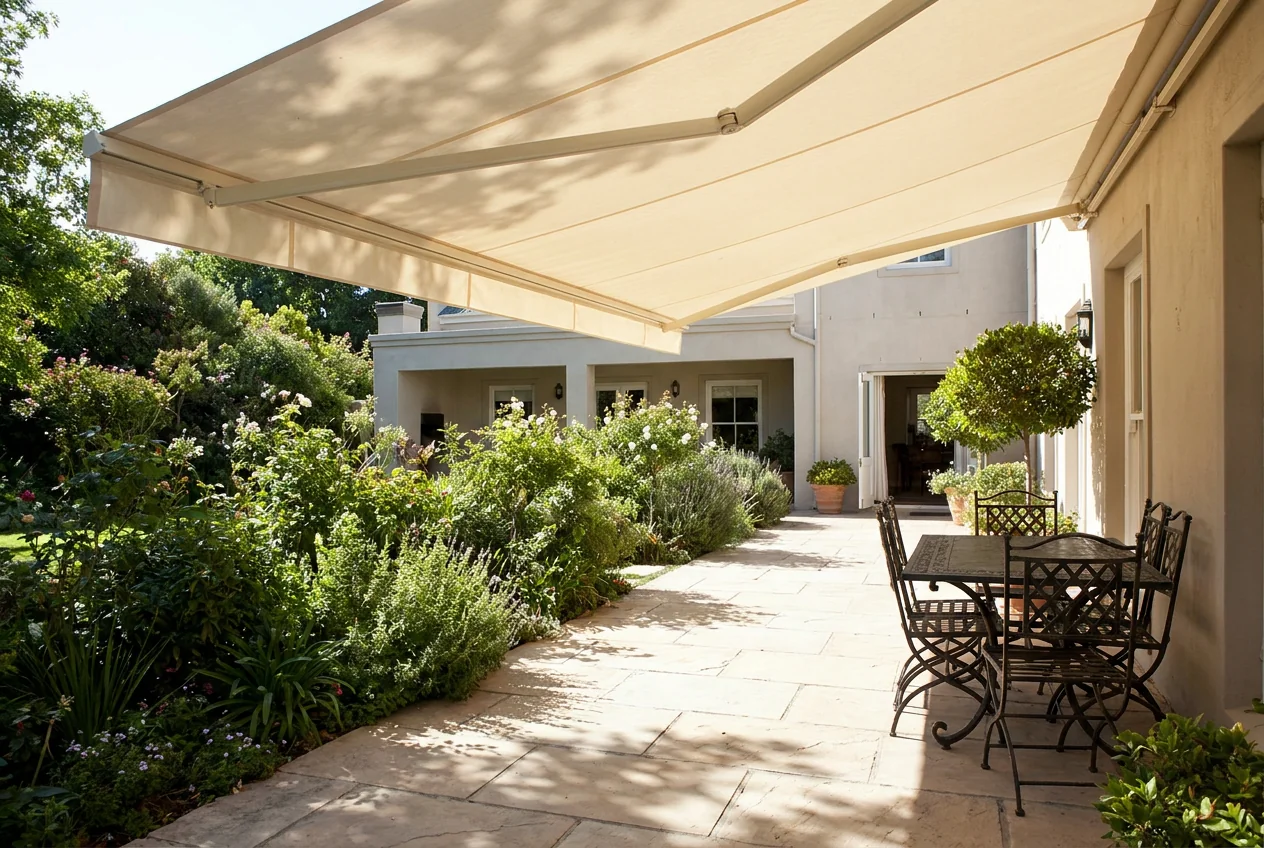 Cream folding-arm awning fully extended over a paved stoep beside a lush Parkview garden