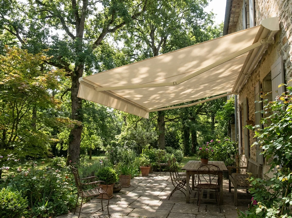 Cream folding-arm awning extended over a stone patio overlooking a mature Saxonwold garden