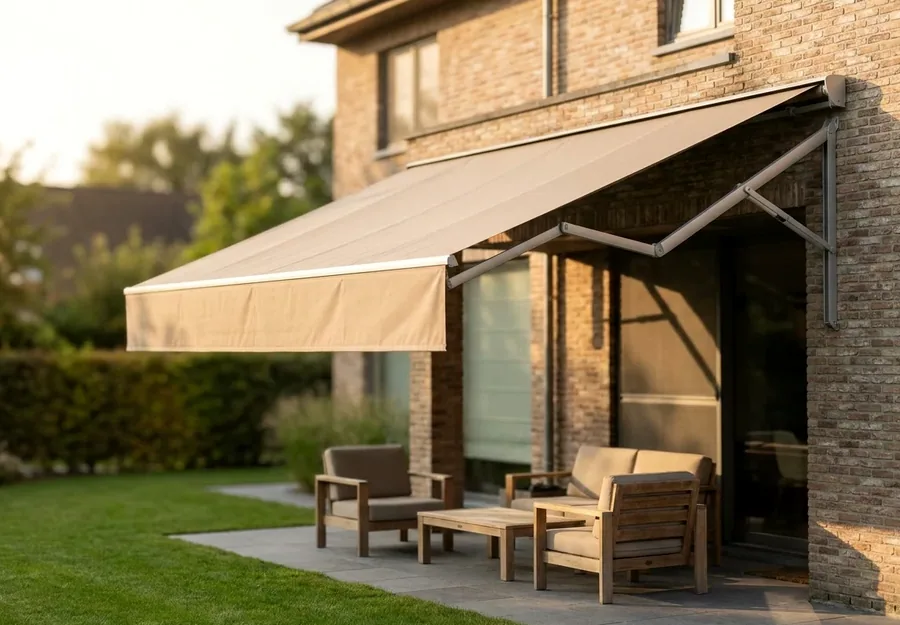 Terracotta folding-arm awning extended over a breakfast terrace, wind sensor mounted on the wall beside it