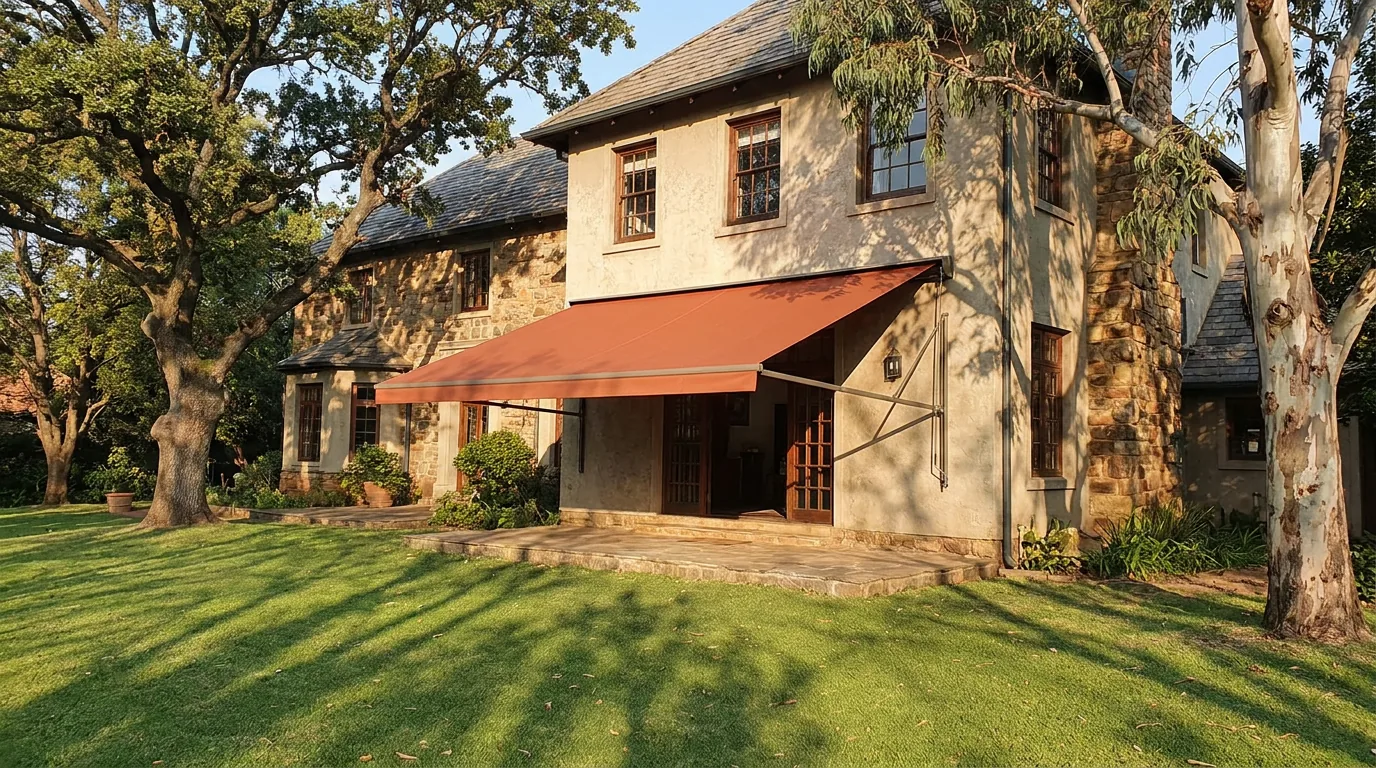 Folding-arm awning extended over a paved stoep at the garden facade of a stone Johannesburg home, with gum and oak trees casting late shadows
