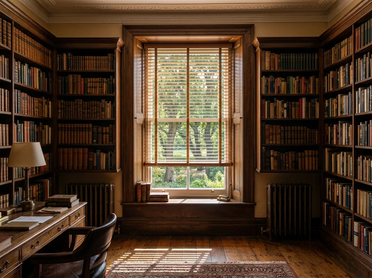 Timber venetian blind tilted half open on a tall sash window in a book-lined study, throwing bands of light across a wooden floor