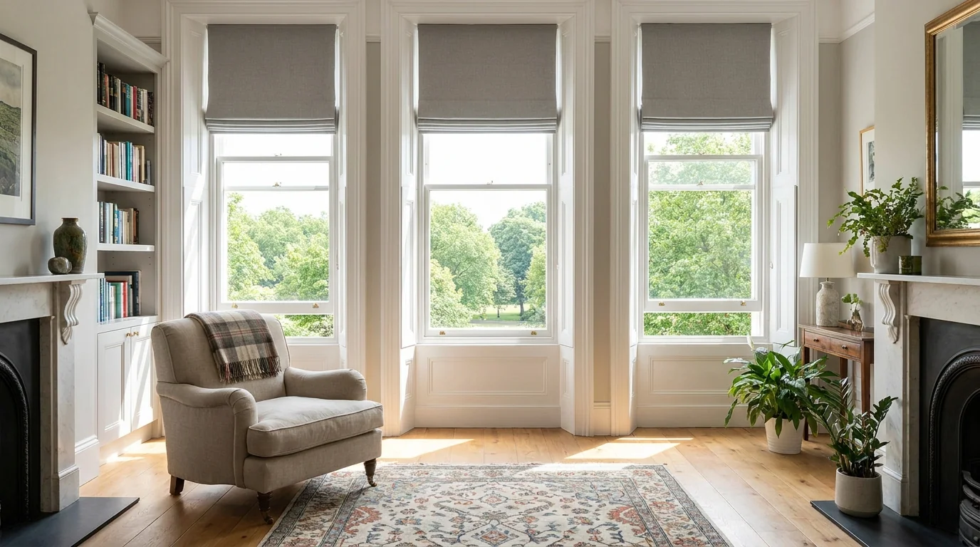 Bright Parkview living room with tall sash windows dressed in soft grey roller blinds overlooking parkland