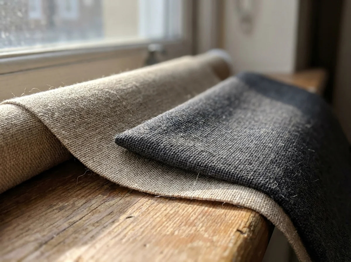 Close-up detail of sand and charcoal roller blind fabric samples in natural light