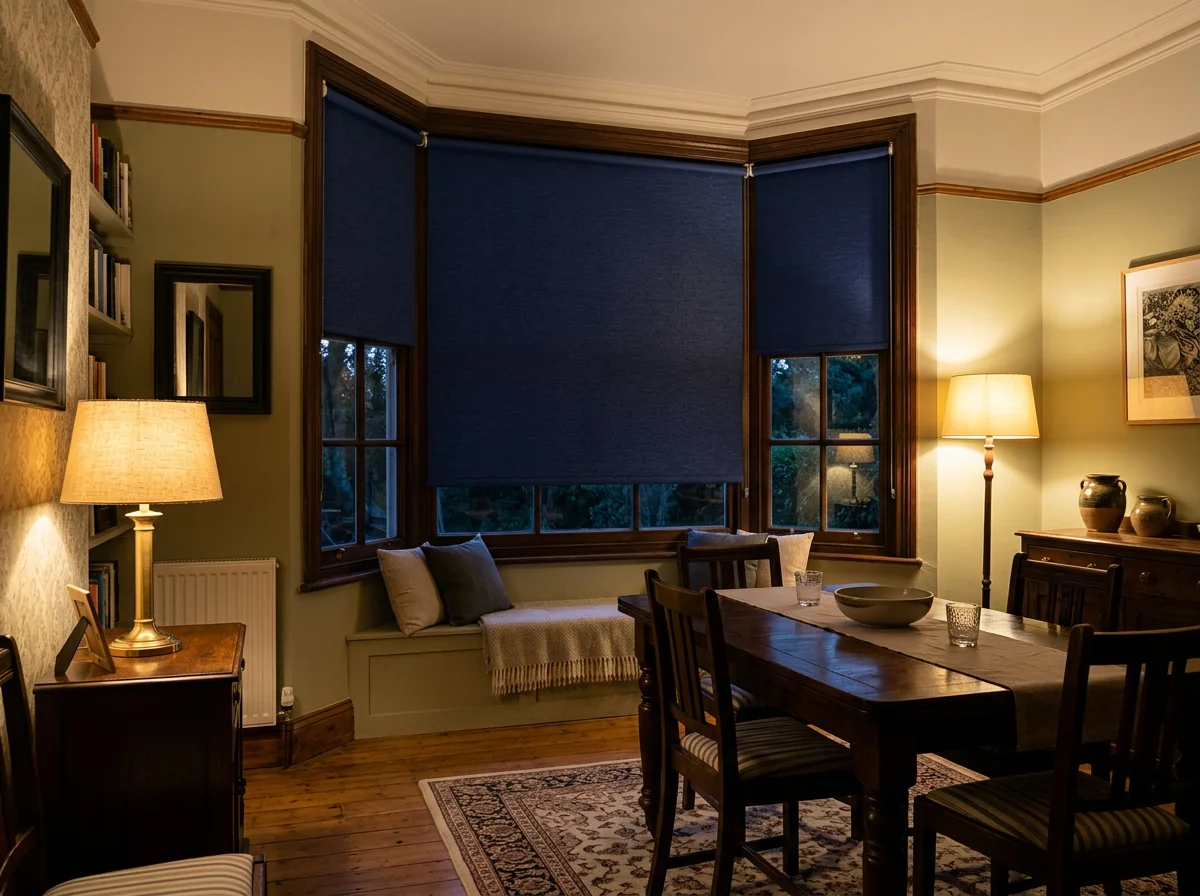 Navy blockout roller blind fully lowered over a period bay window in a Forest Town dining room