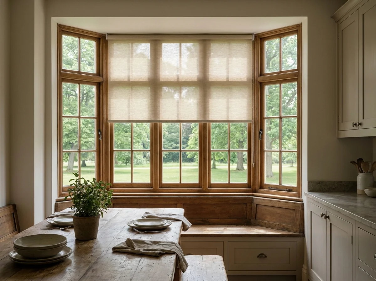 Sand-coloured sunscreen roller blind partially lowered over a heritage bay window in a Parkview kitchen nook