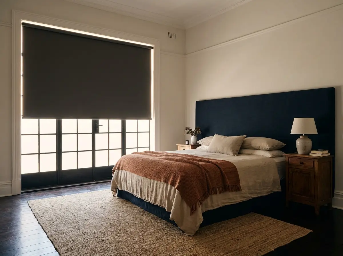 Charcoal blockout roller blind lowered fully over cottage-pane garden doors in a Saxonwold bedroom