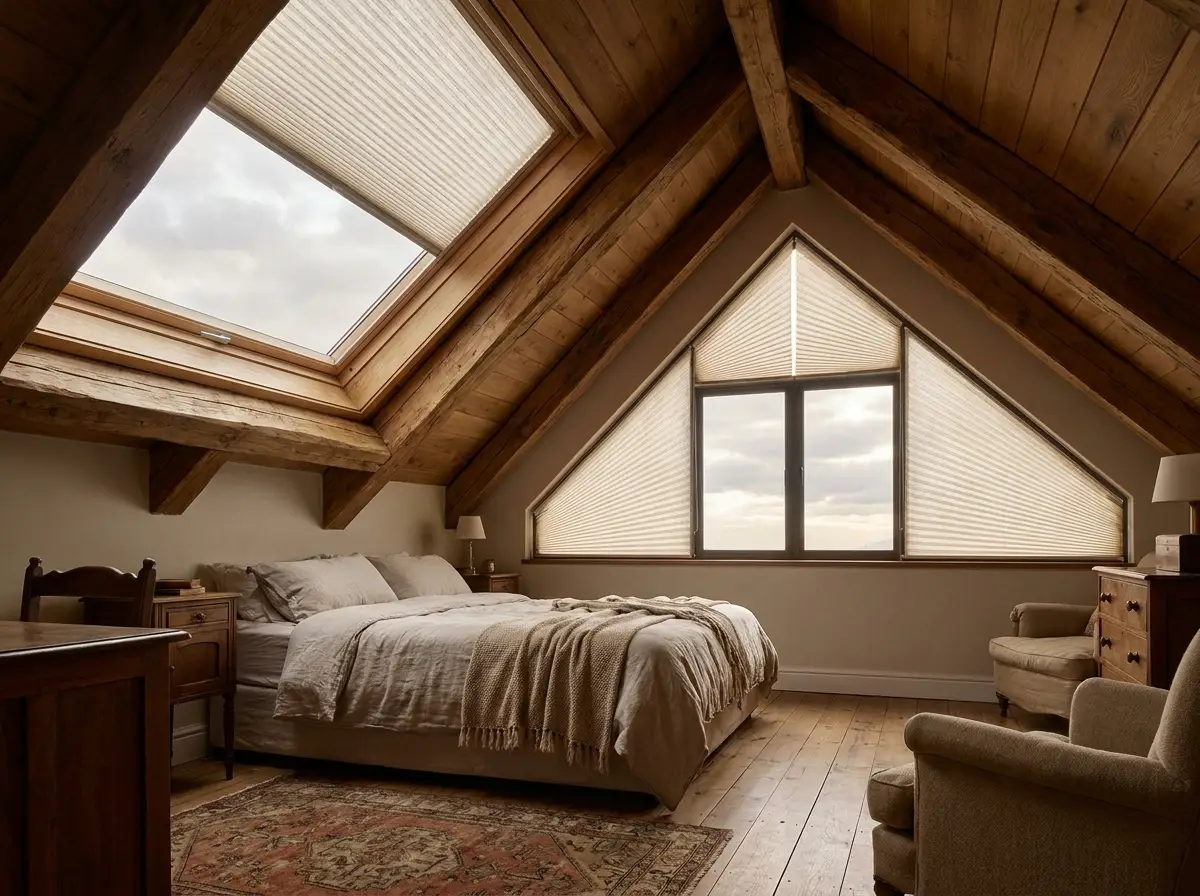 Tensioned pleated blinds fitted to a skylight and gable glass in an attic bedroom