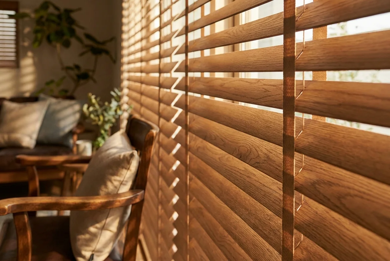 Close-up of timber venetian blind slats and tape ladders catching warm late-afternoon light