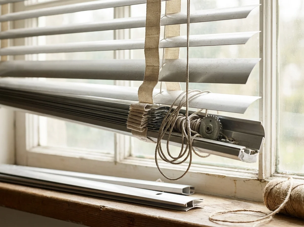 Close-up of aluminium venetian blind ladder cords and tilt mechanism at the head rail, for blind repairs and restringing